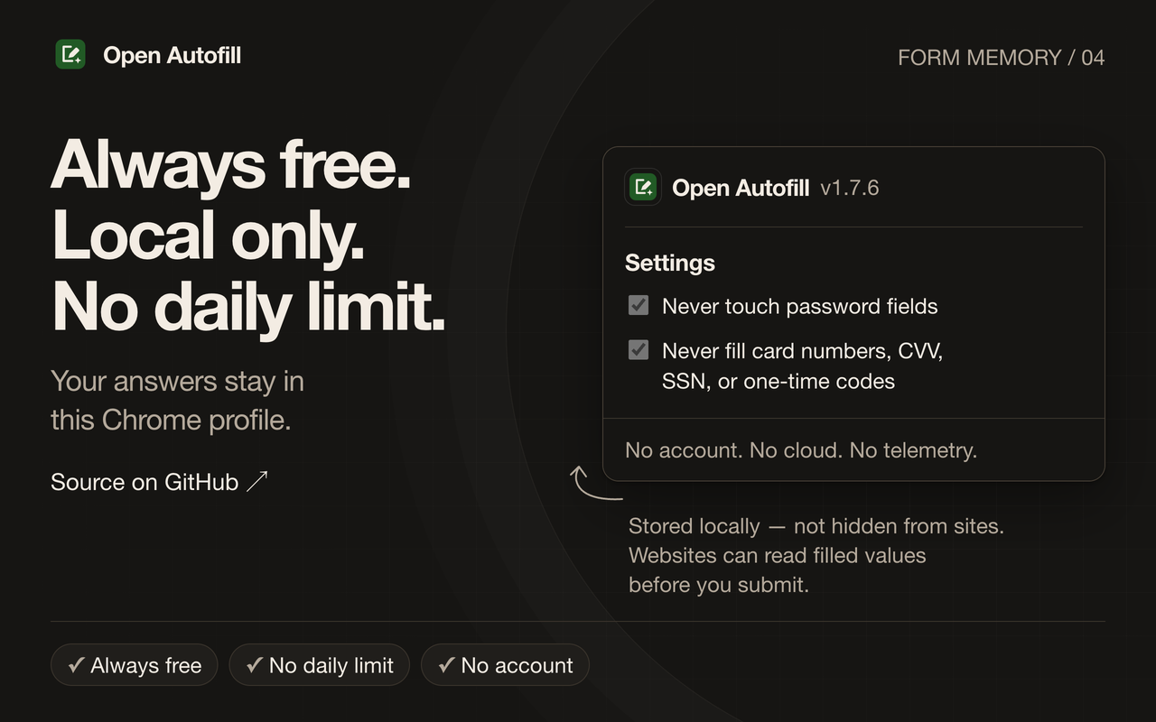Always free. Local only. No daily limit.